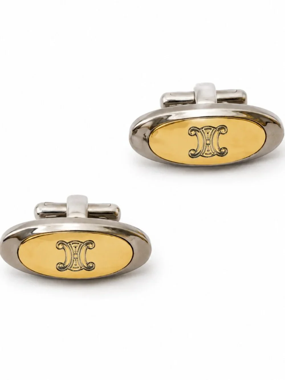 Vintage Celine Triomphe Logo Two-Tone Gold Silver Oval Cufflinks